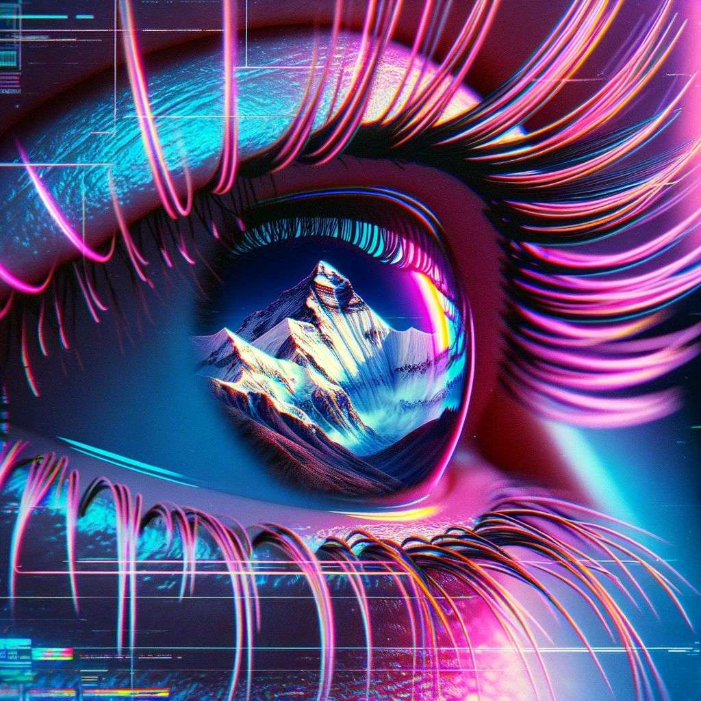 someone gazing at Mount Everest, digital art, synthwave